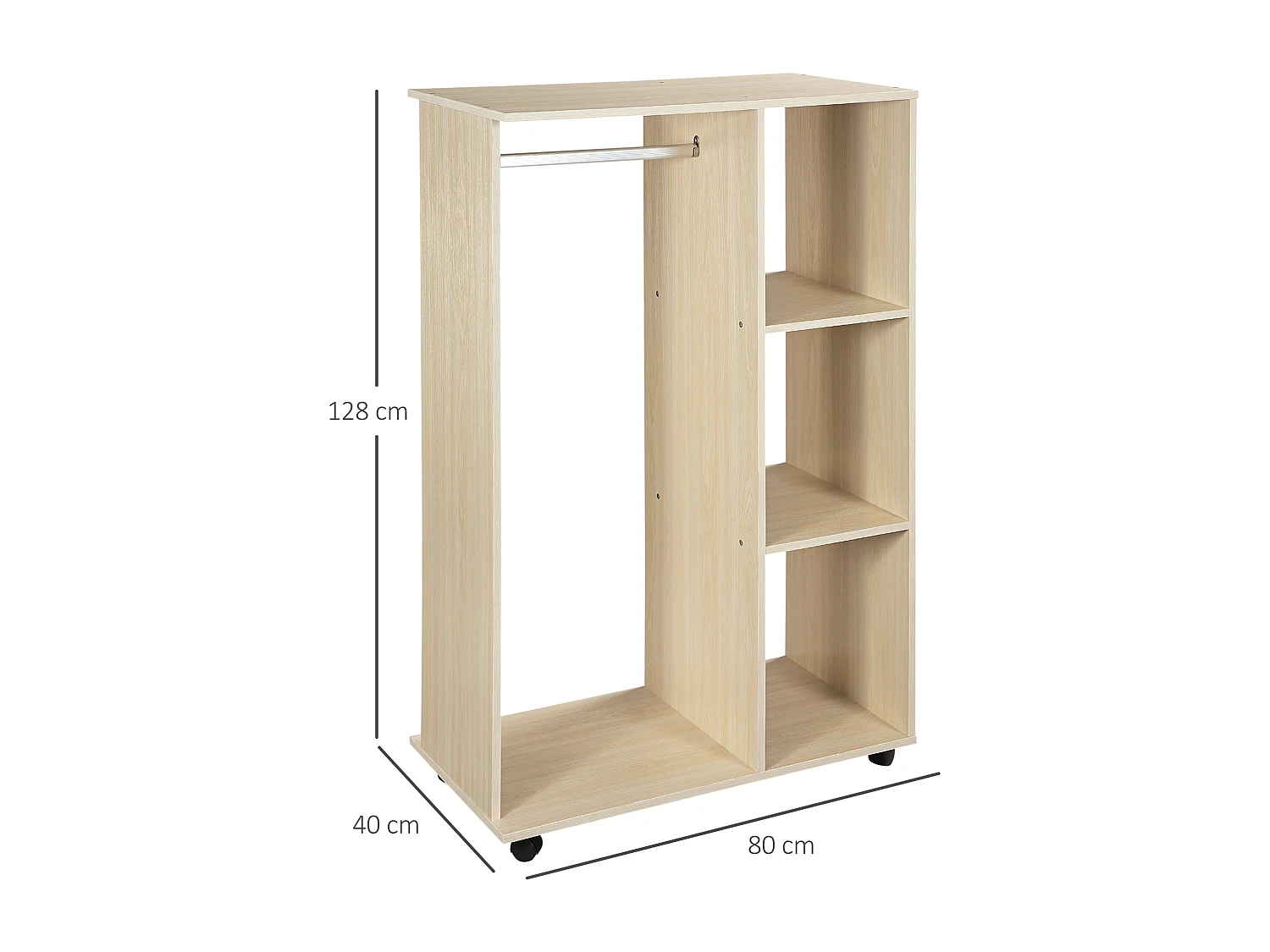 Stand appendiabiti con 3 ripiani e barra per vestiti 80x40x128cm