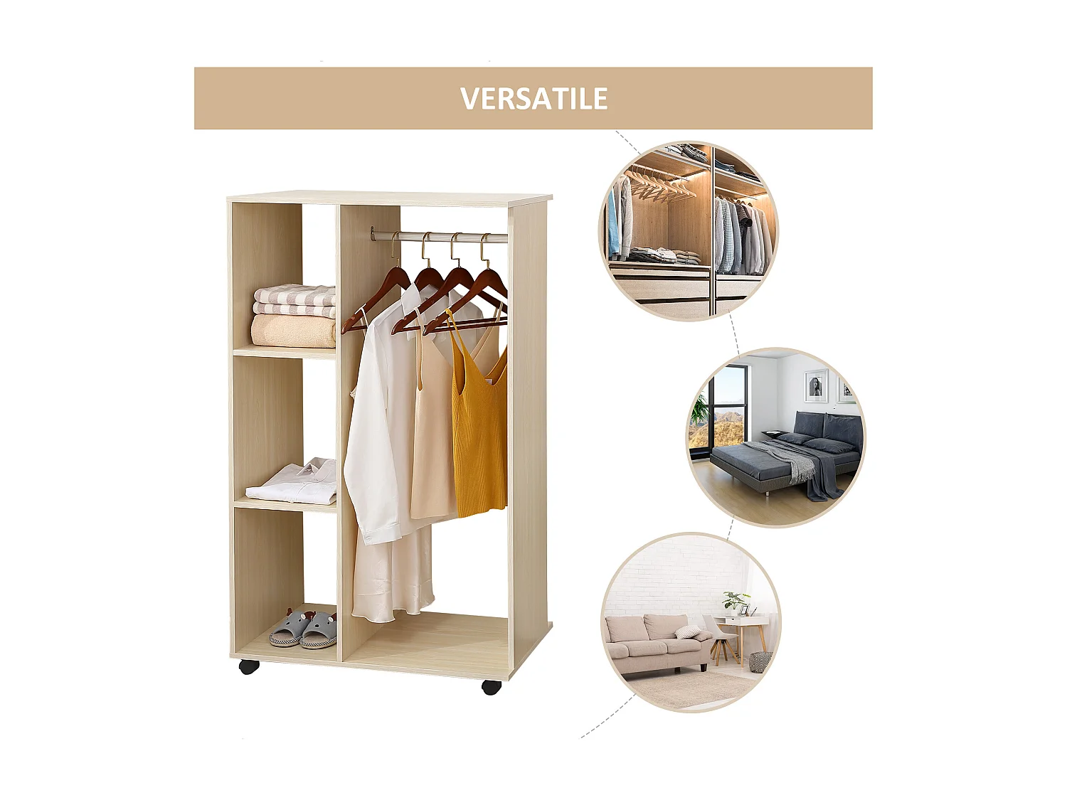 Stand appendiabiti con 3 ripiani e barra per vestiti 80x40x128cm