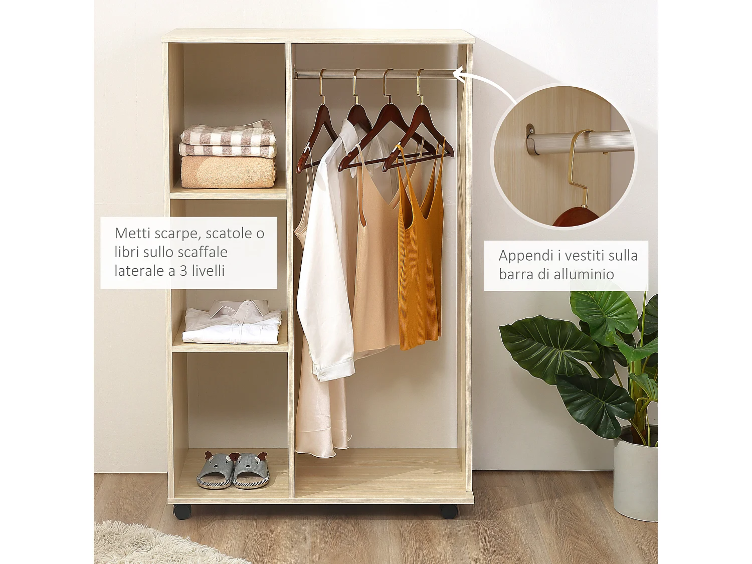 Stand appendiabiti con 3 ripiani e barra per vestiti 80x40x128cm