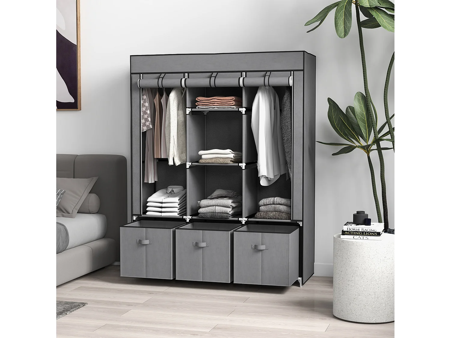 Armadio pieghevole con cassetti e ante avvolgibili in tessuto