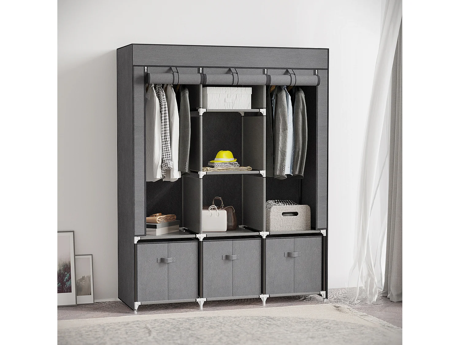 Armadio pieghevole con cassetti e ante avvolgibili in tessuto