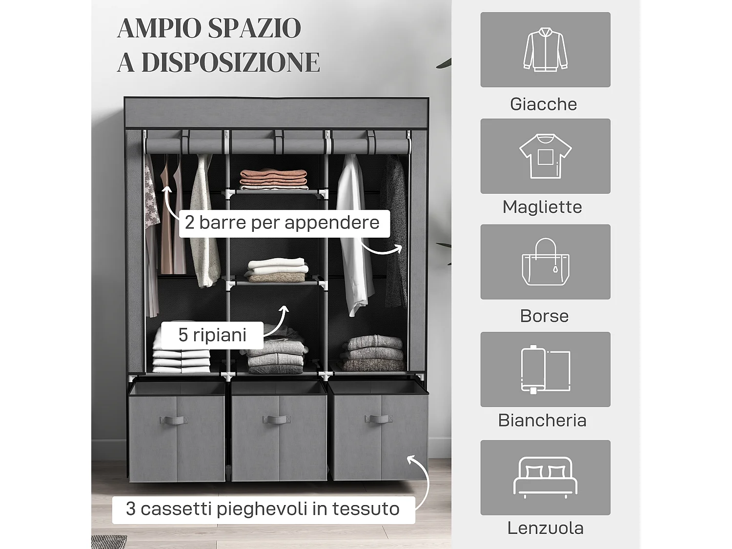 Armadio pieghevole con cassetti e ante avvolgibili in tessuto