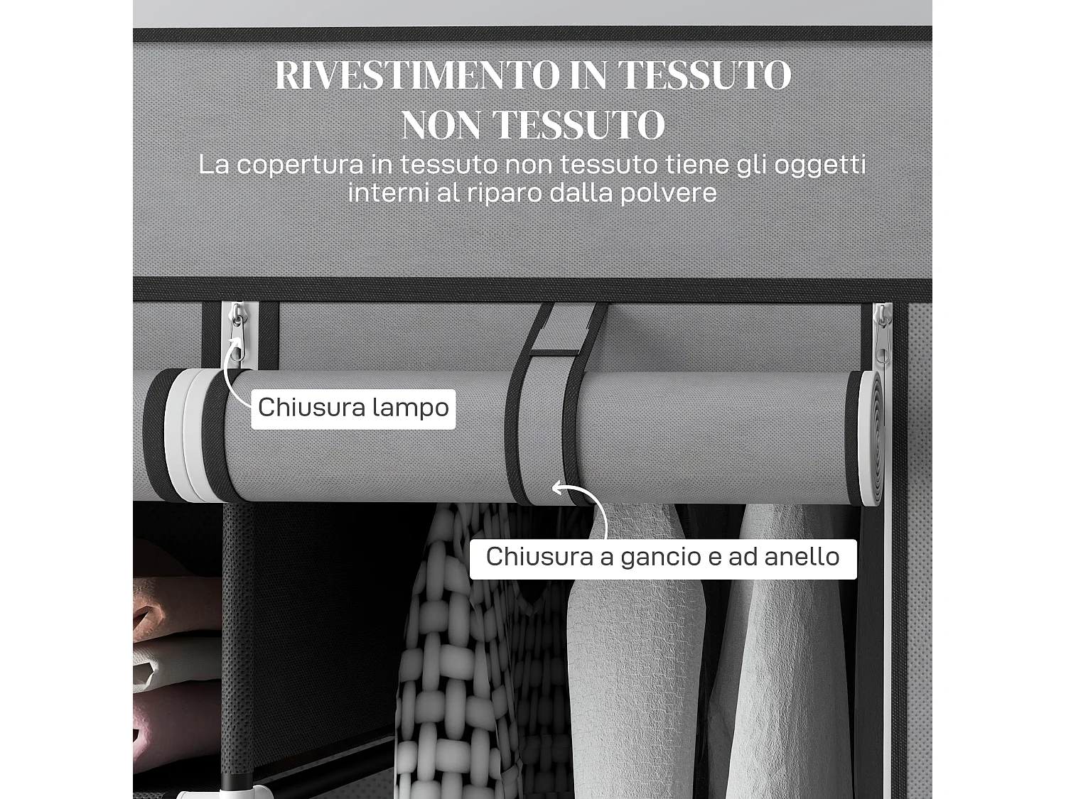 Armadio pieghevole con cassetti e ante avvolgibili in tessuto