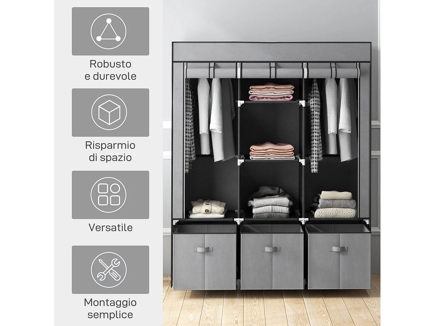 Armadio pieghevole con cassetti e ante avvolgibili in tessuto