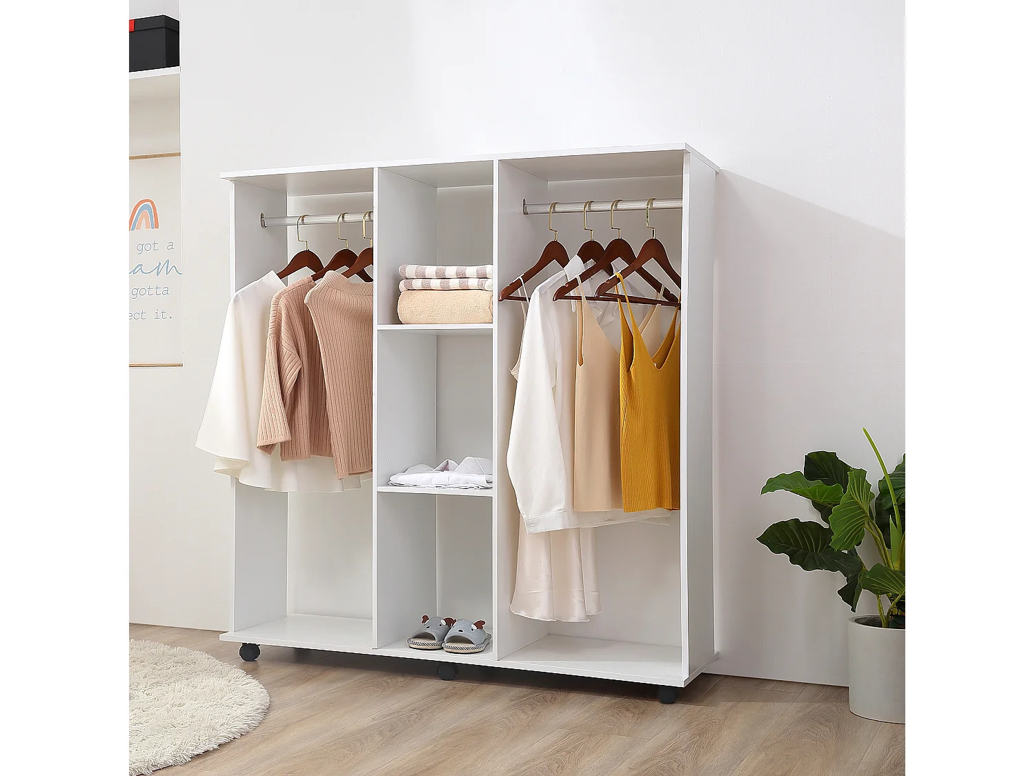 Armadio guardaroba a rotelle con 2 barre e 3 ripiani bianco