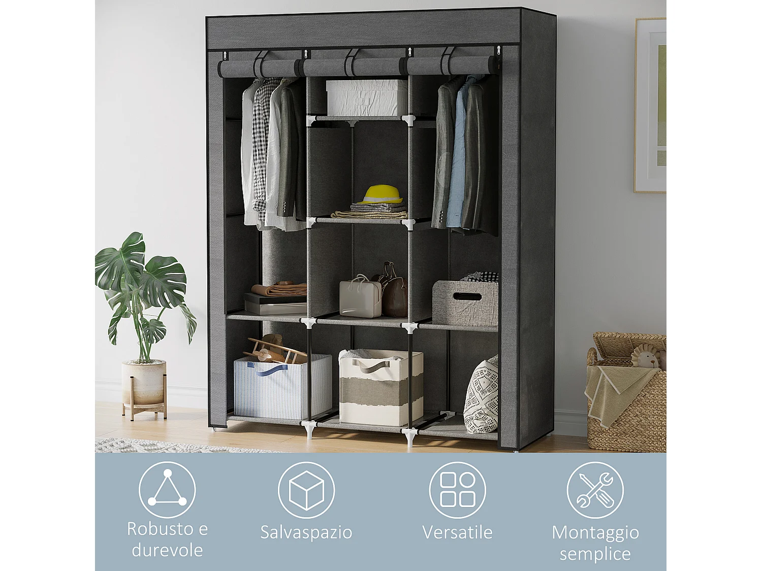 Guardaroba in tessuto e acciaio con 8 ripiani e 2 barre grigio carbone