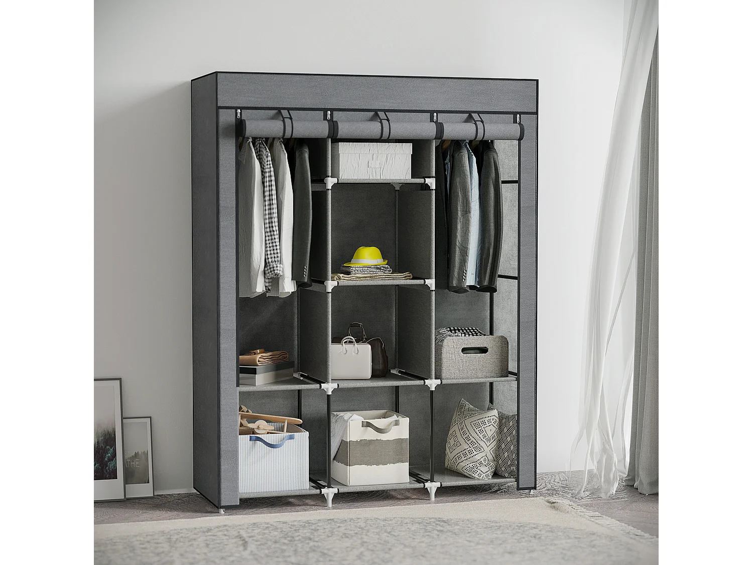 Guardaroba in tessuto e acciaio con 8 ripiani e 2 barre grigio carbone