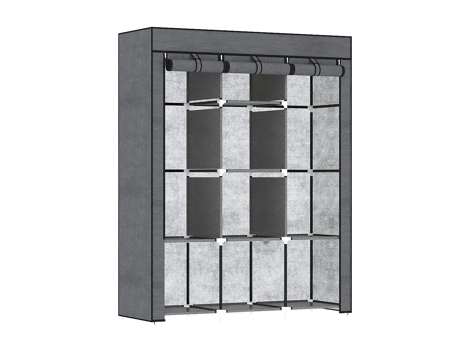 Guardaroba in tessuto e acciaio con 8 ripiani e 2 barre grigio carbone