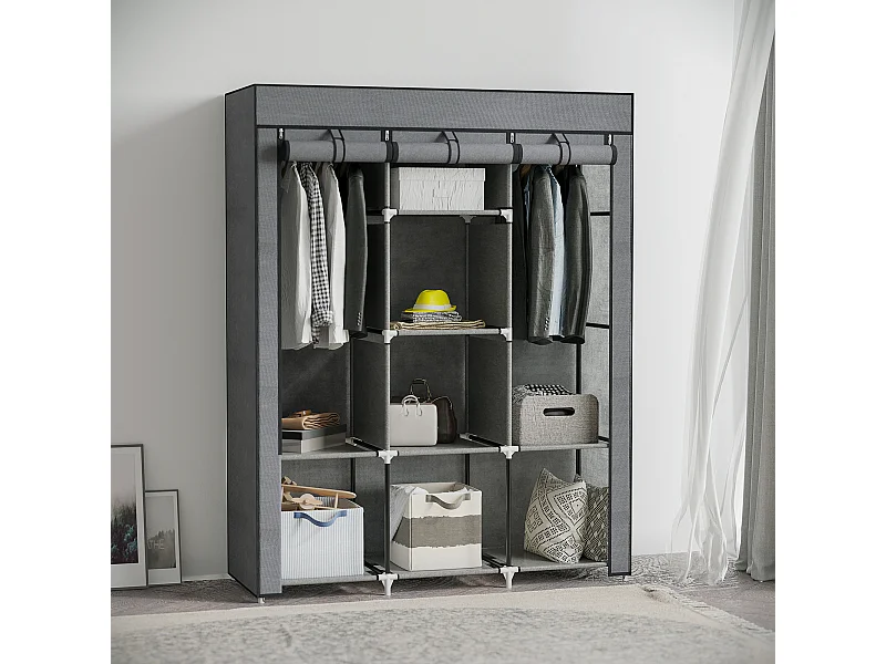 Guardaroba in tessuto e acciaio con 8 ripiani e 2 barre grigio carbone