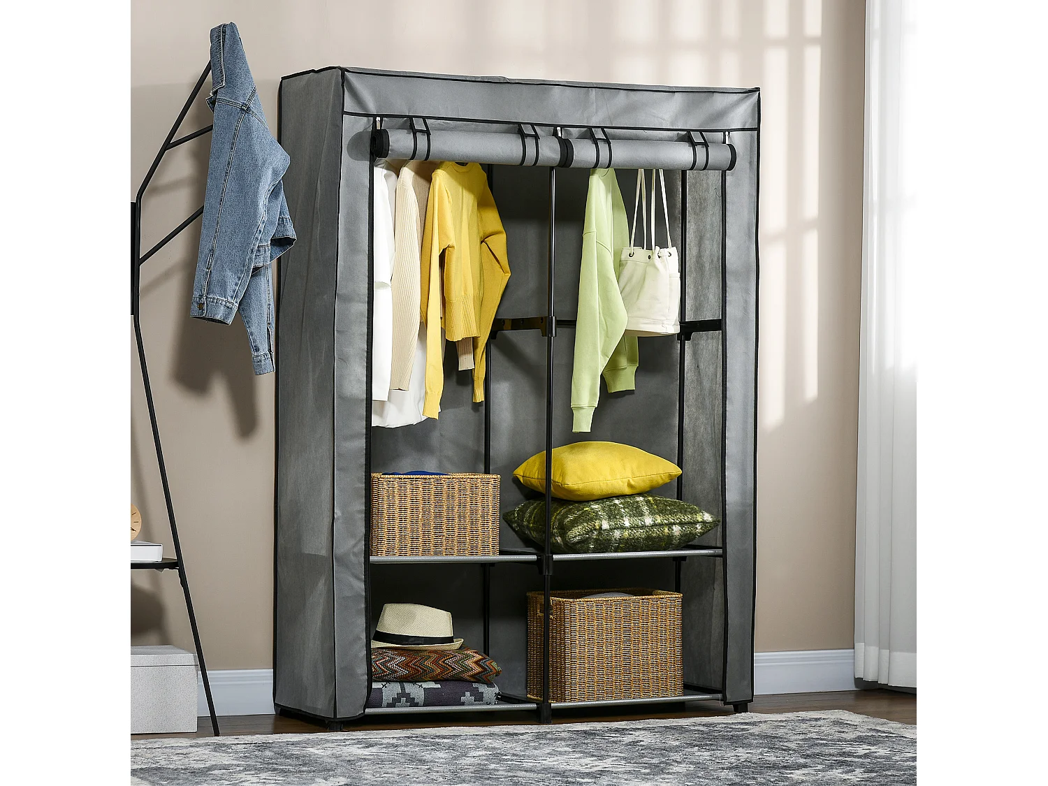 Armadio guardaroba portatile con 4 ripiani e 2 appendini grigio