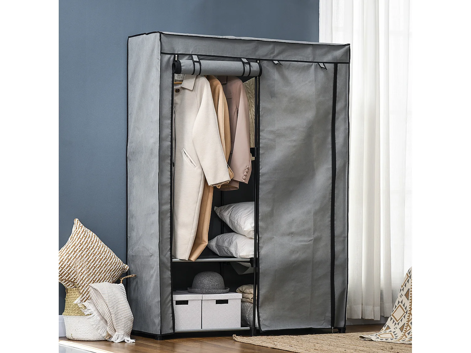 Armadio guardaroba portatile con 4 ripiani e 2 appendini grigio