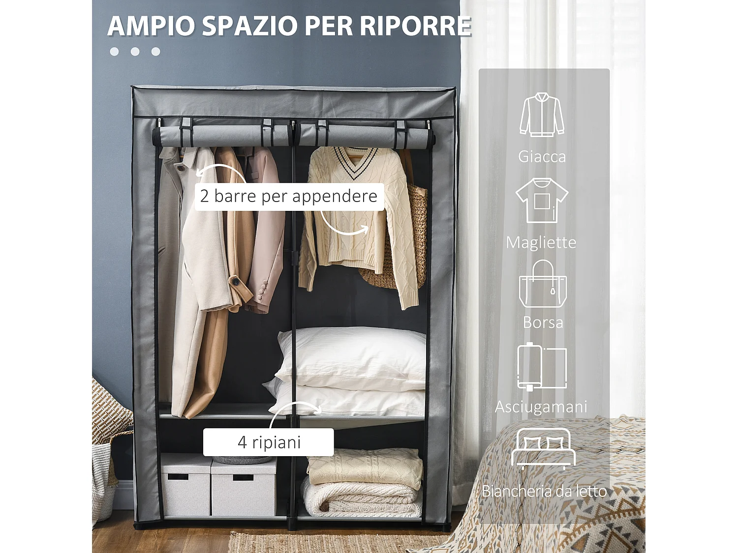 Armadio guardaroba portatile con 4 ripiani e 2 appendini grigio