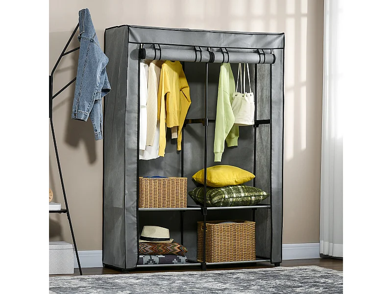 Armadio guardaroba portatile con 4 ripiani e 2 appendini grigio