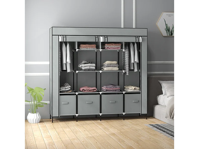 Armadio in tessuto con 10 ripiani e 4 cassetti grigio scuro