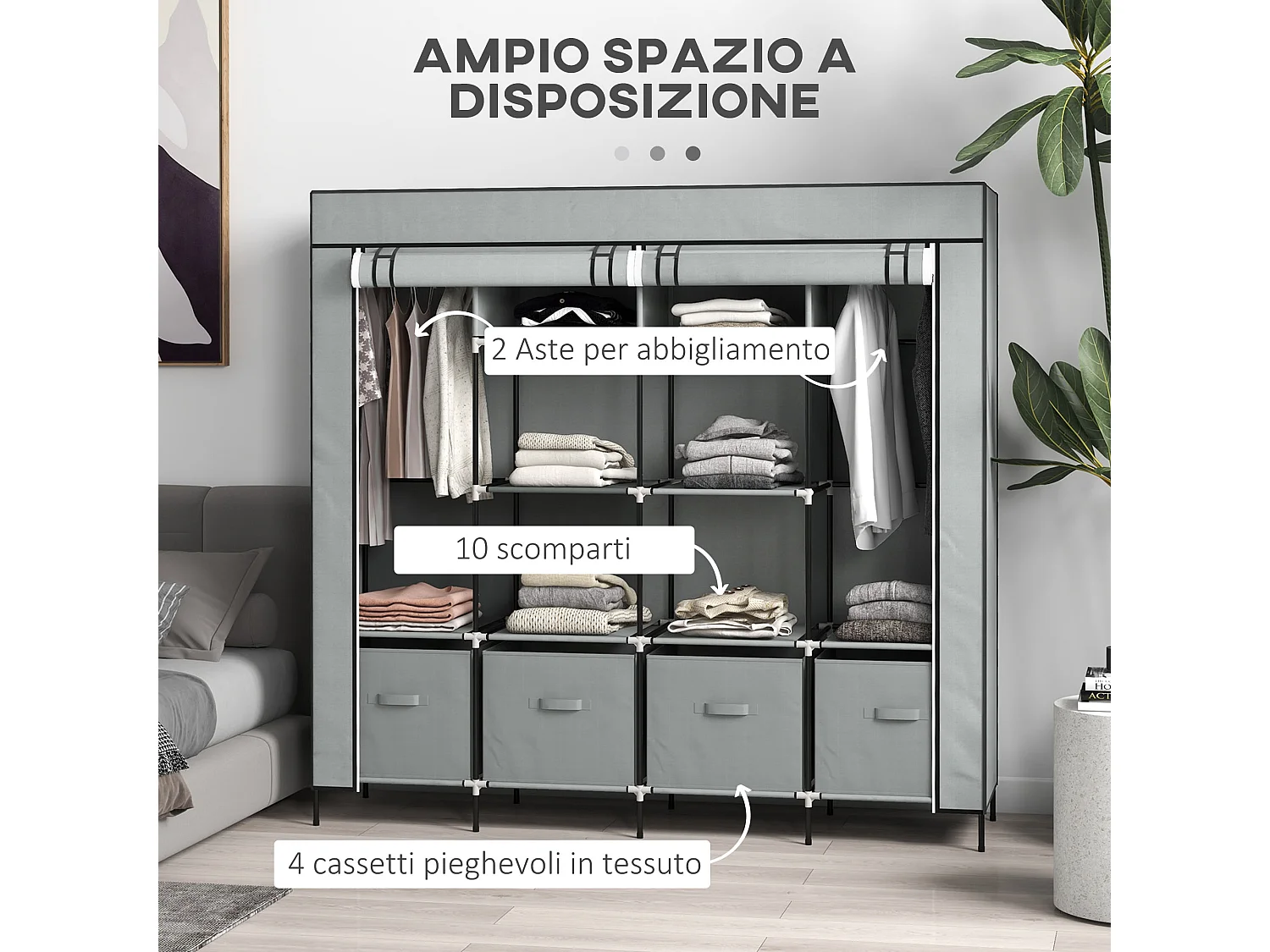 Armadio in tessuto con 10 ripiani e 4 cassetti grigio scuro