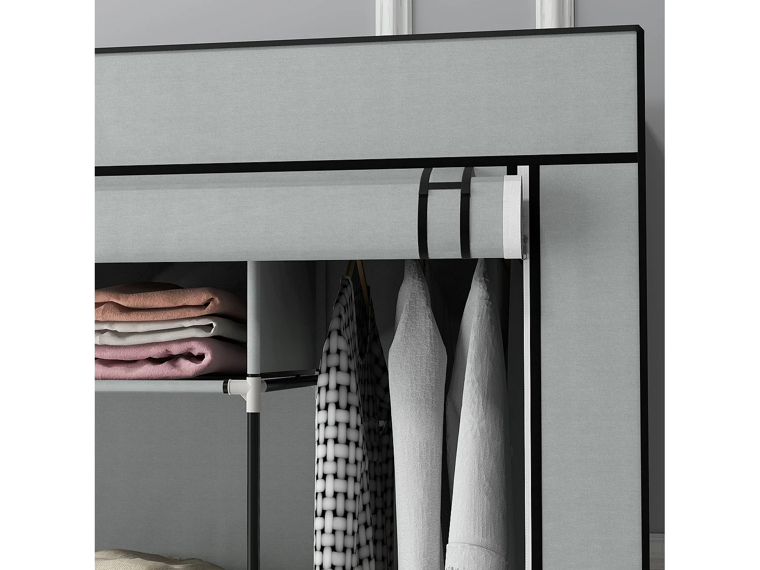 Armadio in tessuto con 10 ripiani e 4 cassetti grigio scuro