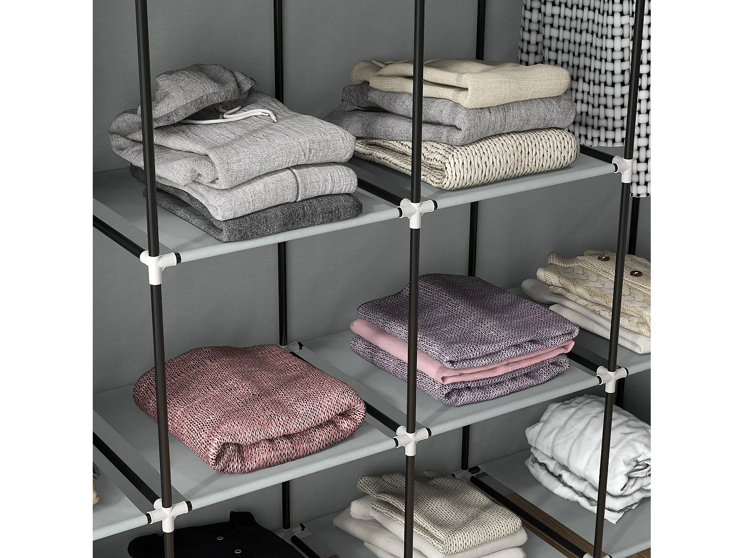 Armadio in tessuto con 10 ripiani e 4 cassetti grigio scuro