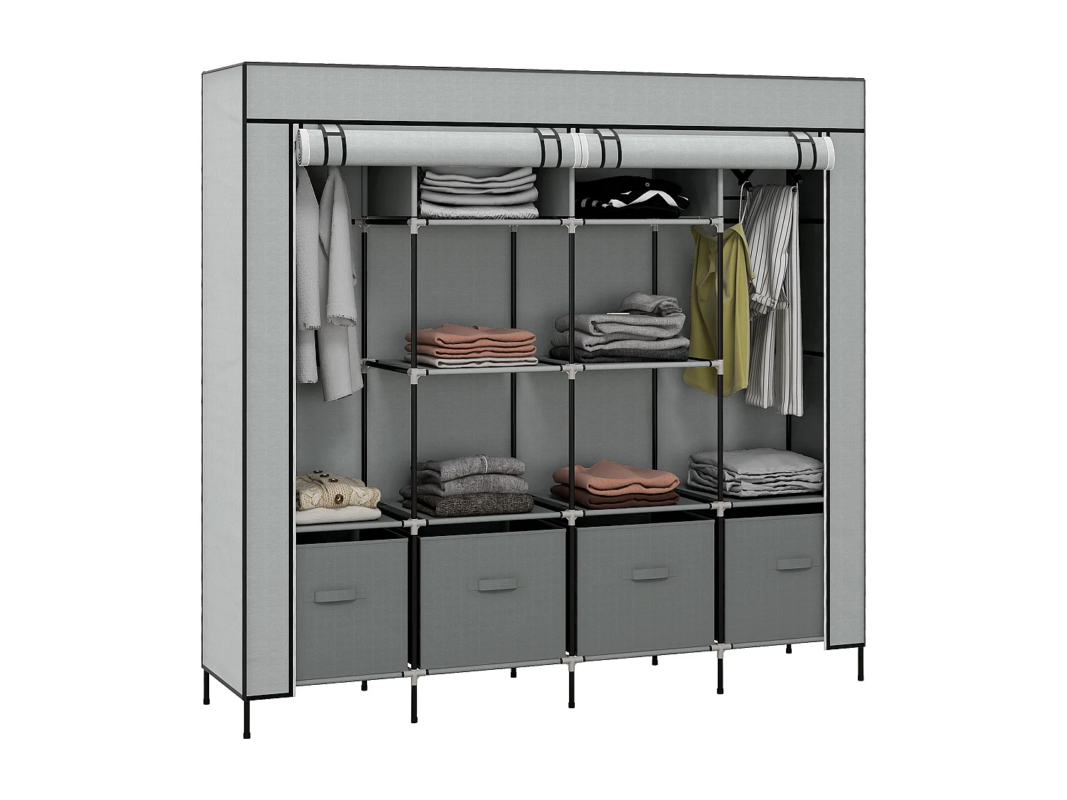 Armadio in tessuto con 10 ripiani e 4 cassetti grigio scuro