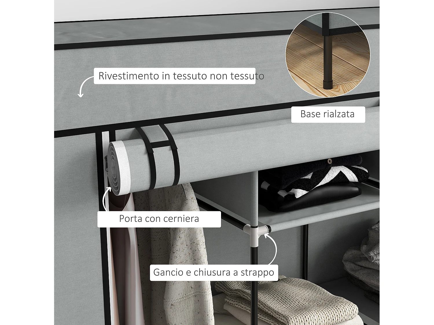 Armadio in tessuto con 10 ripiani e 4 cassetti grigio scuro