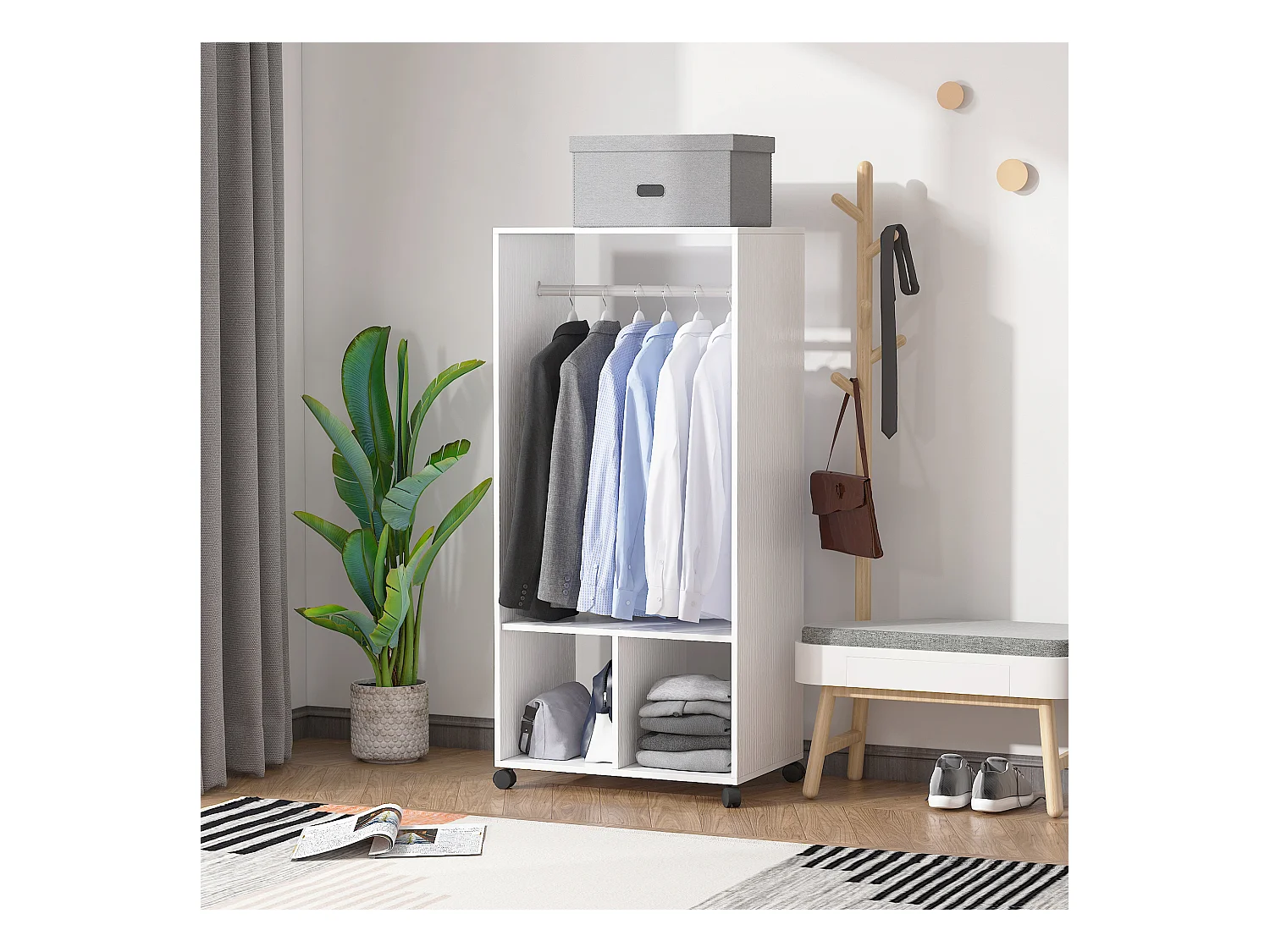 Mobile appendiabiti con barra in alluminio e 2 ripiani aperti bianco