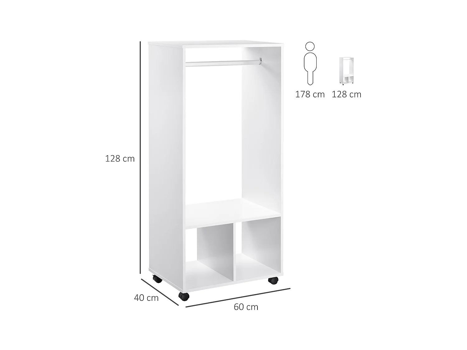 Mobile appendiabiti con barra in alluminio e 2 ripiani aperti bianco