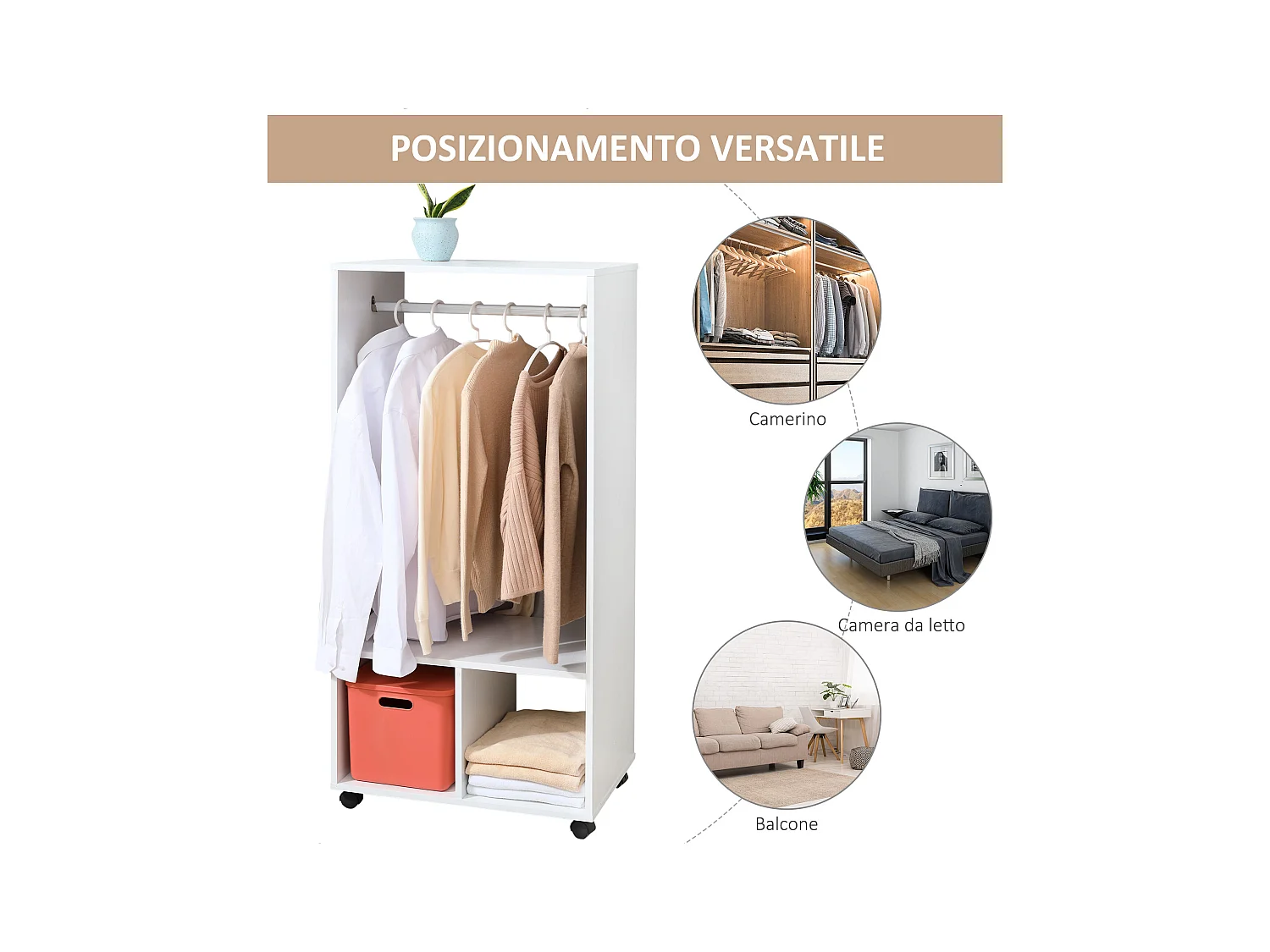 Mobile appendiabiti con barra in alluminio e 2 ripiani aperti bianco