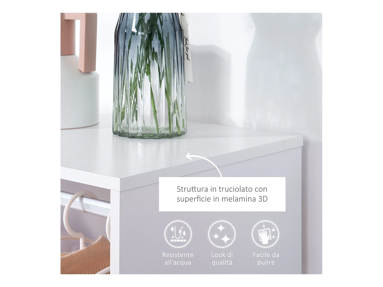 Mobile appendiabiti con barra in alluminio e 2 ripiani aperti bianco