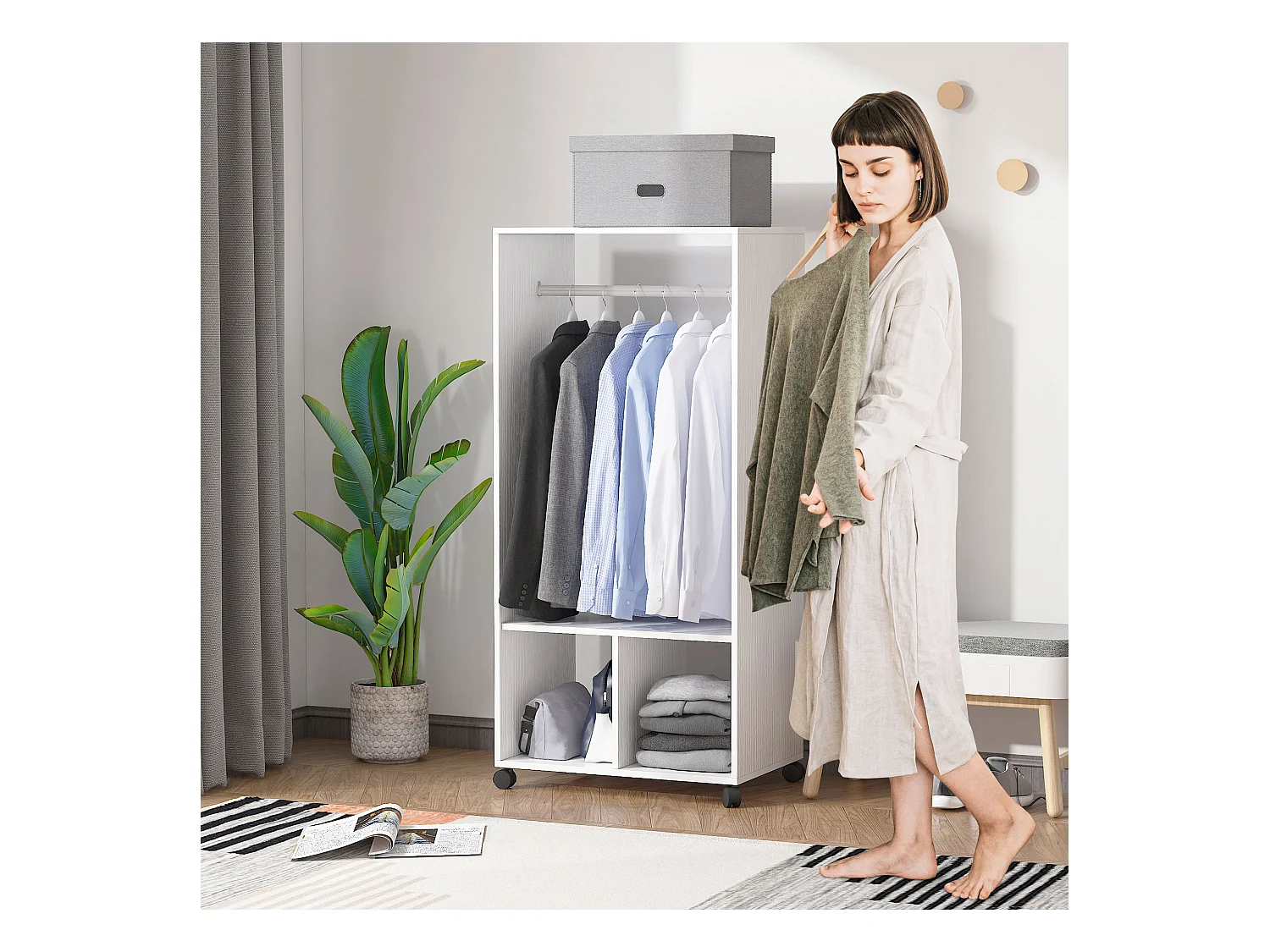 Mobile appendiabiti con barra in alluminio e 2 ripiani aperti bianco