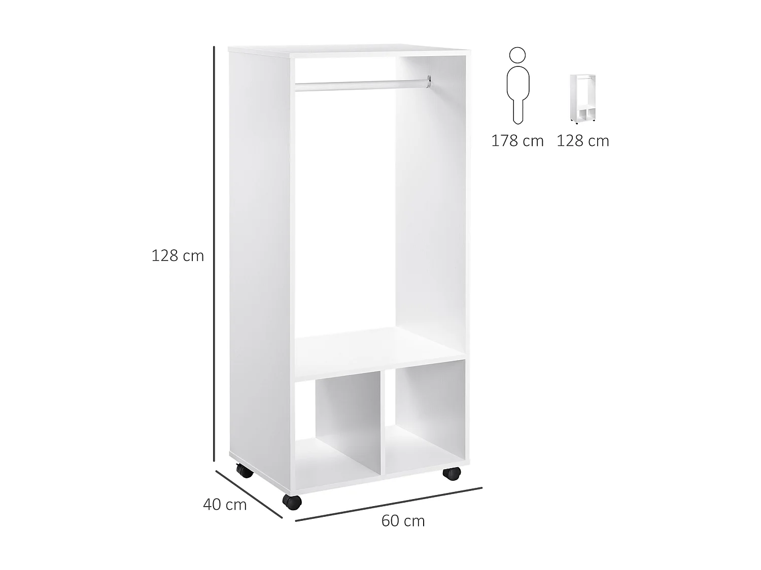 Mobile appendiabiti con barra in alluminio e 2 ripiani aperti bianco