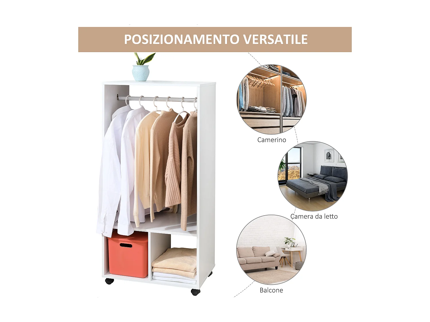 Mobile appendiabiti con barra in alluminio e 2 ripiani aperti bianco