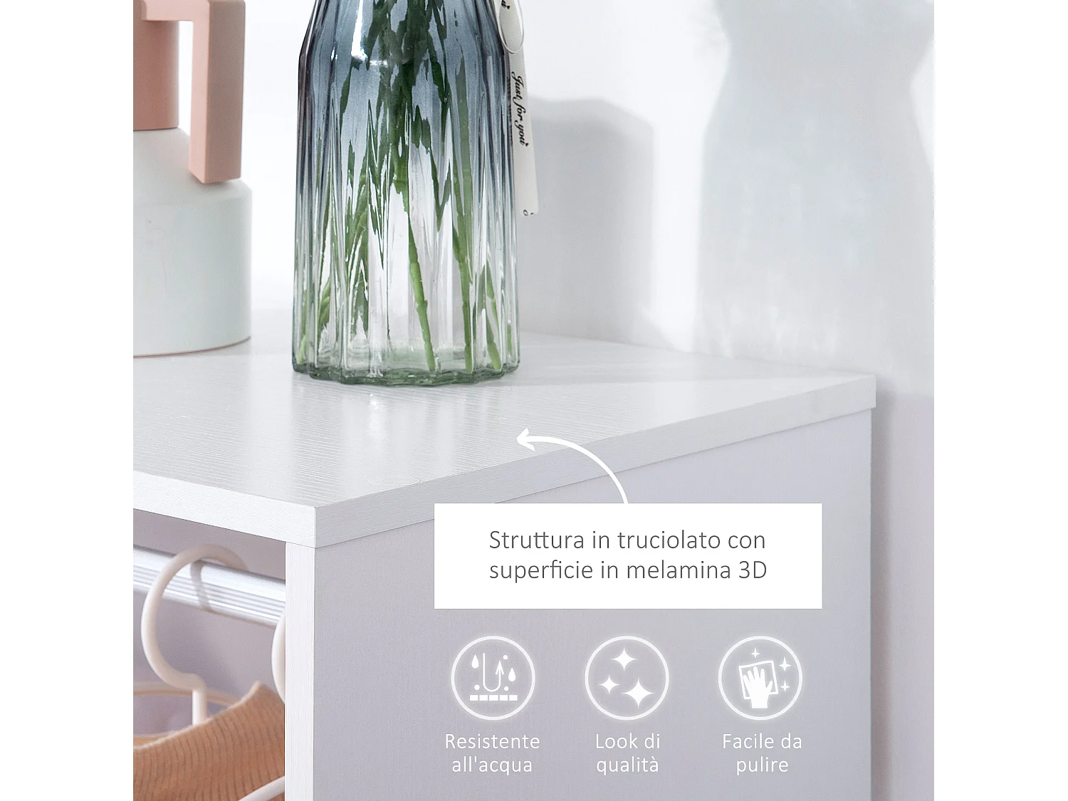 Mobile appendiabiti con barra in alluminio e 2 ripiani aperti bianco