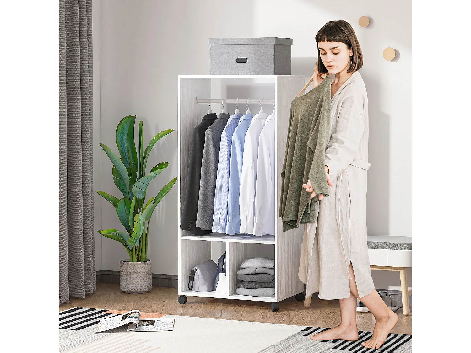 Mobile appendiabiti con barra in alluminio e 2 ripiani aperti bianco