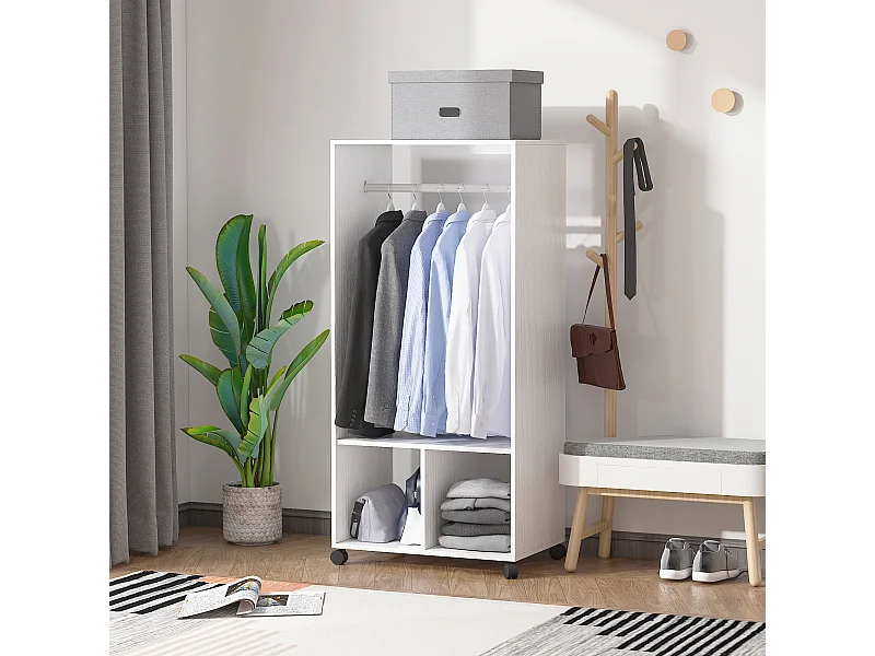 Mobile appendiabiti con barra in alluminio e 2 ripiani aperti bianco