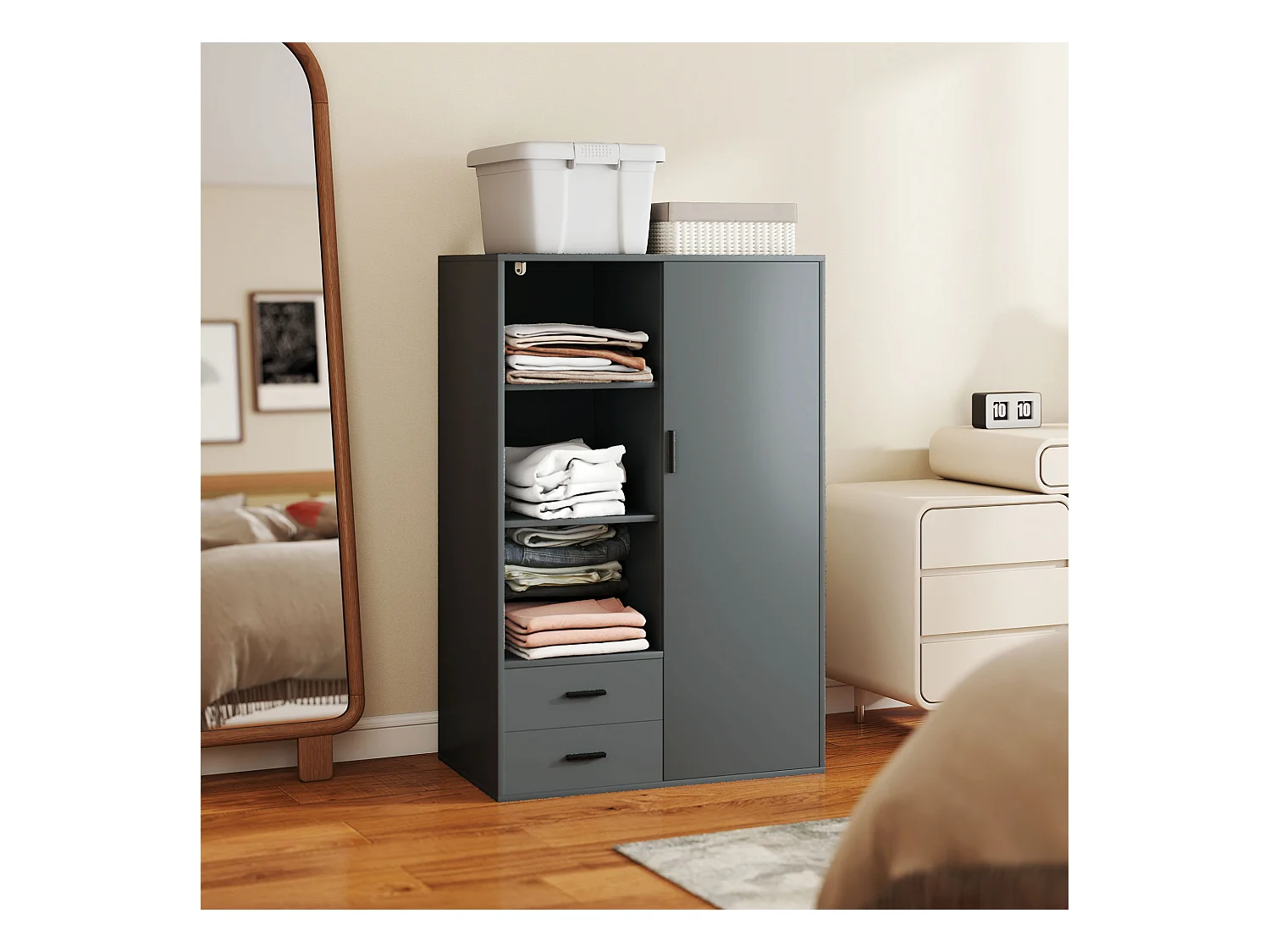 Armadio con 2 cassetti ripiani aperti e appendiabiti grigio scuro