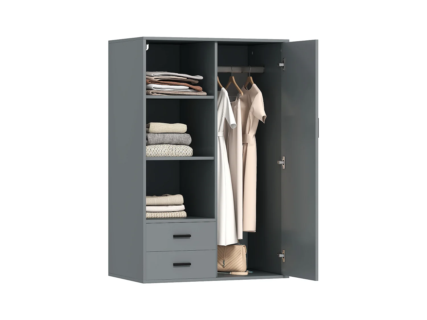 Armadio con 2 cassetti ripiani aperti e appendiabiti grigio scuro