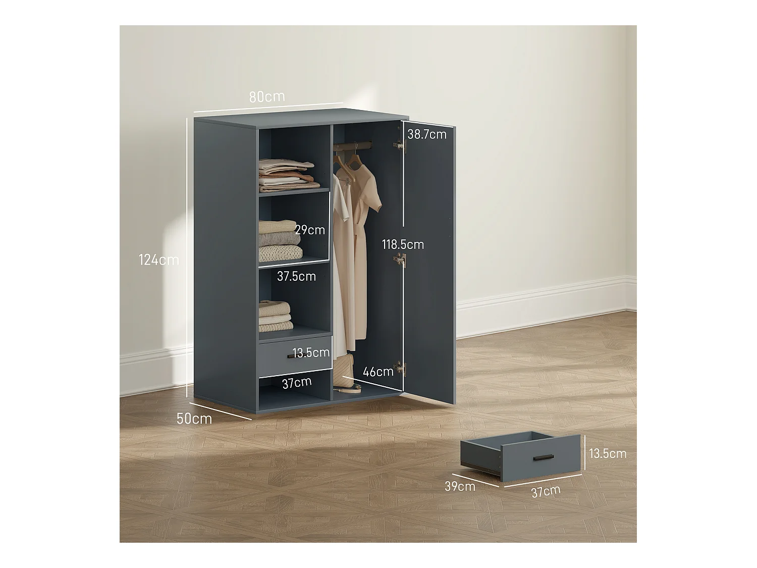 Armadio con 2 cassetti ripiani aperti e appendiabiti grigio scuro