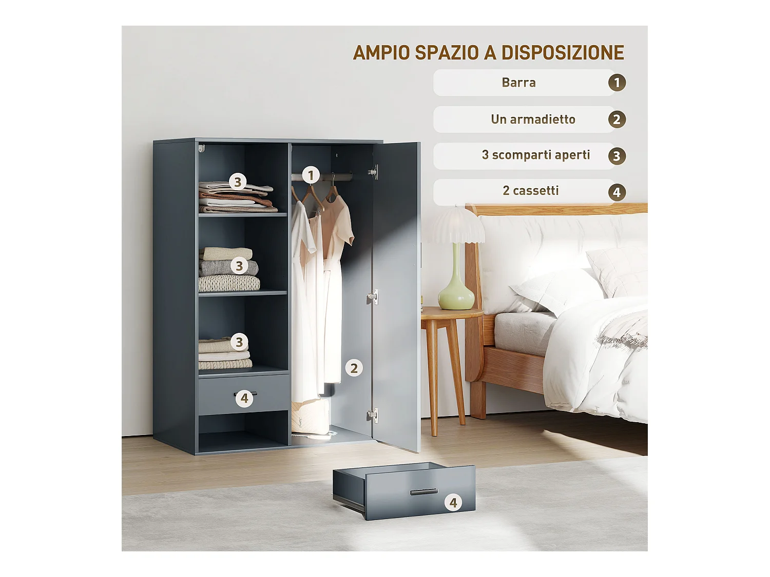 Armadio con 2 cassetti ripiani aperti e appendiabiti grigio scuro