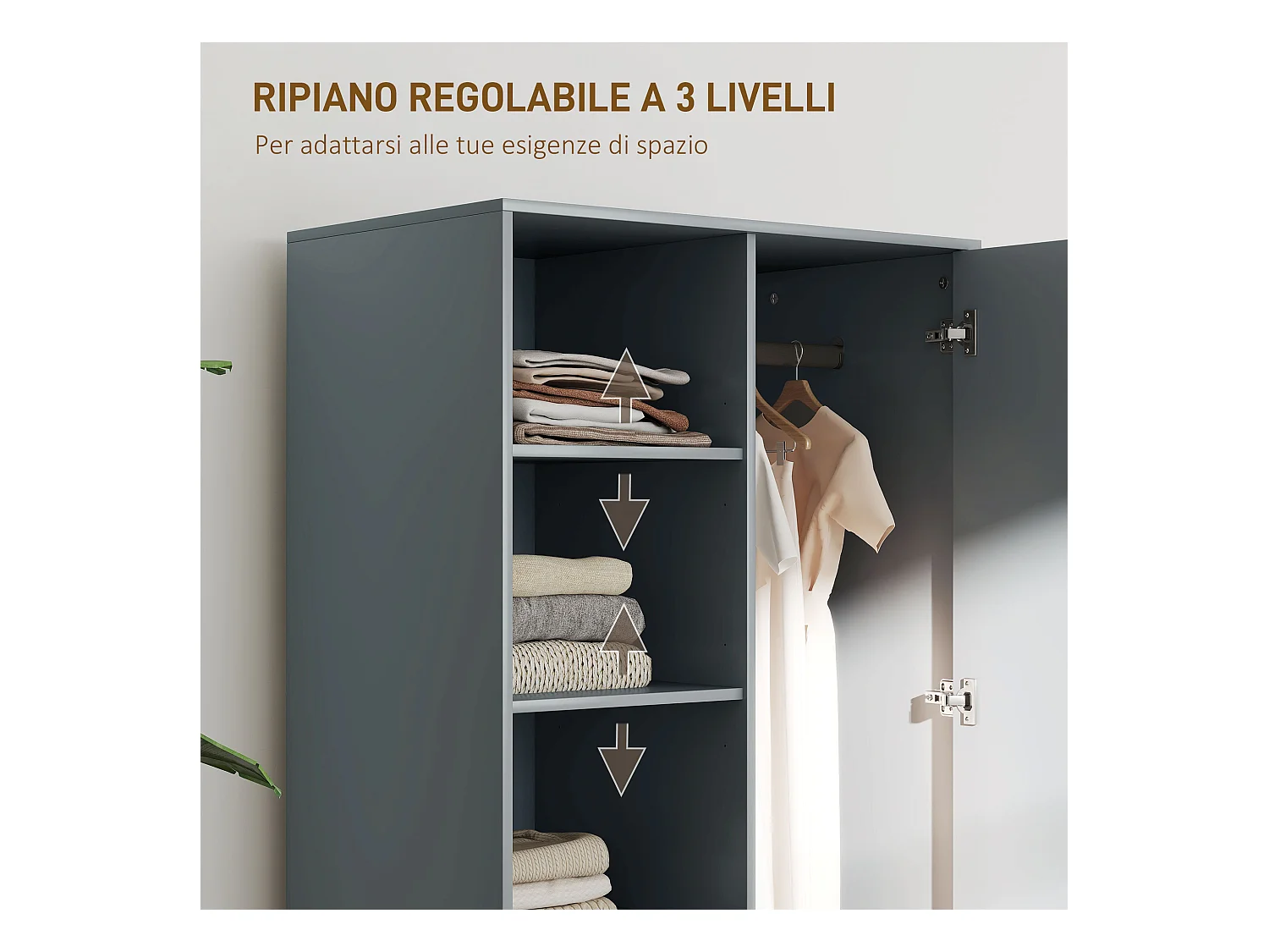 Armadio con 2 cassetti ripiani aperti e appendiabiti grigio scuro