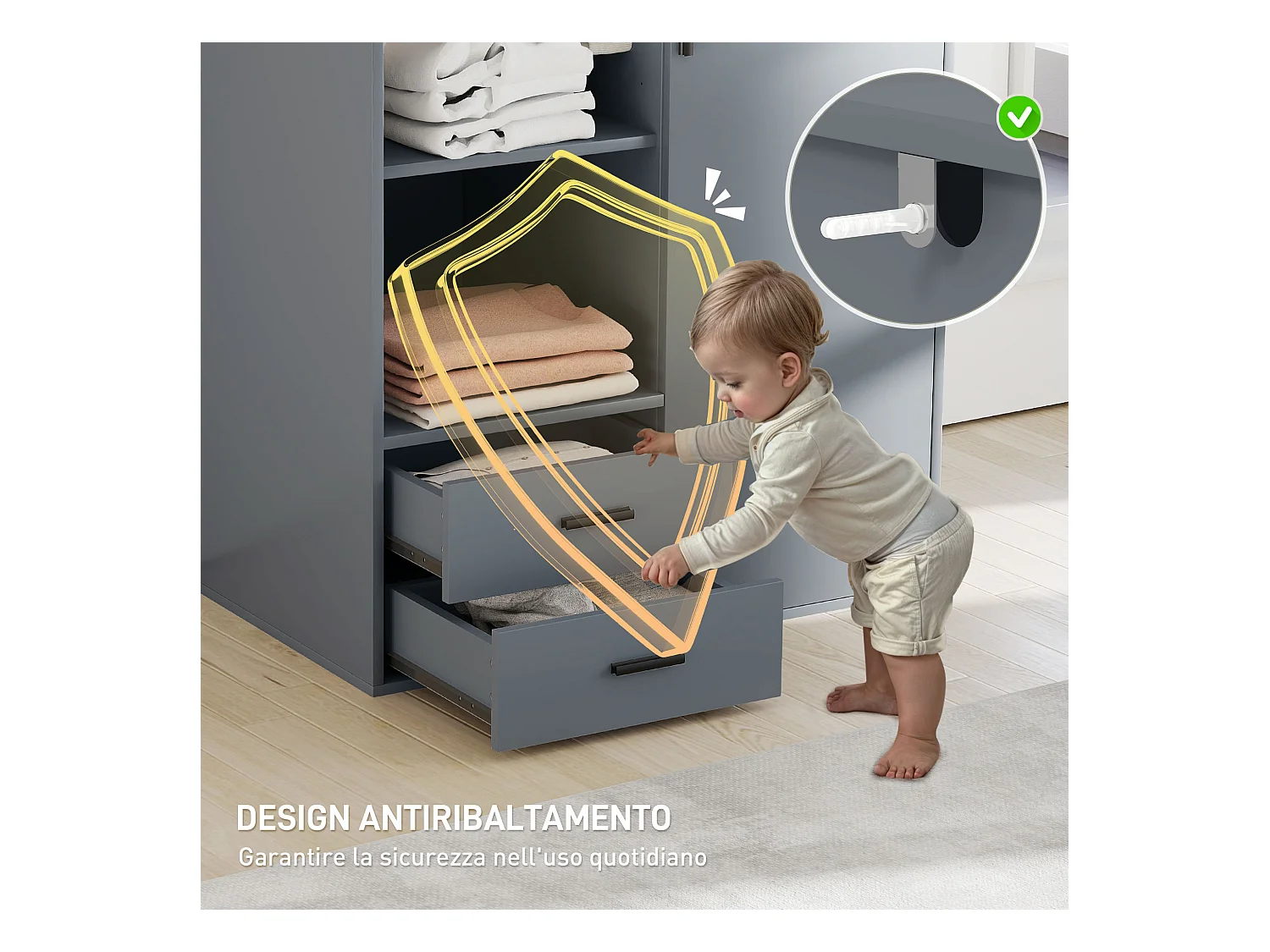 Armadio con 2 cassetti ripiani aperti e appendiabiti grigio scuro