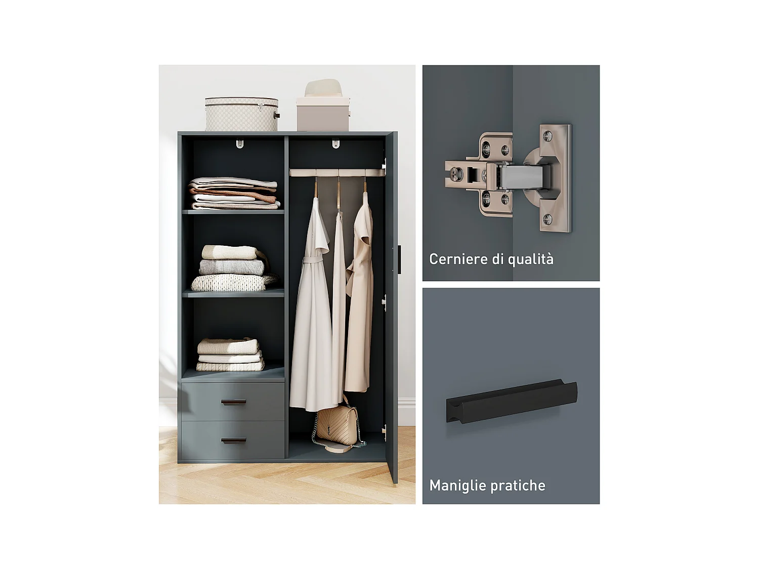 Armadio con 2 cassetti ripiani aperti e appendiabiti grigio scuro