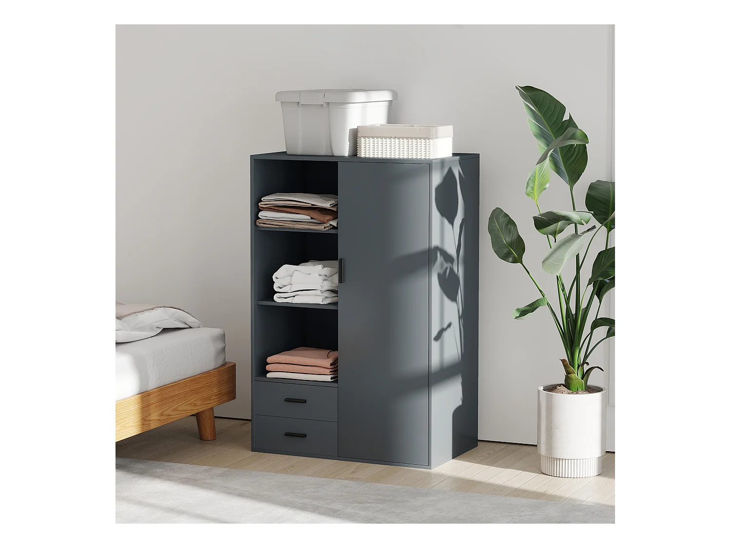 Armadio con 2 cassetti ripiani aperti e appendiabiti grigio scuro