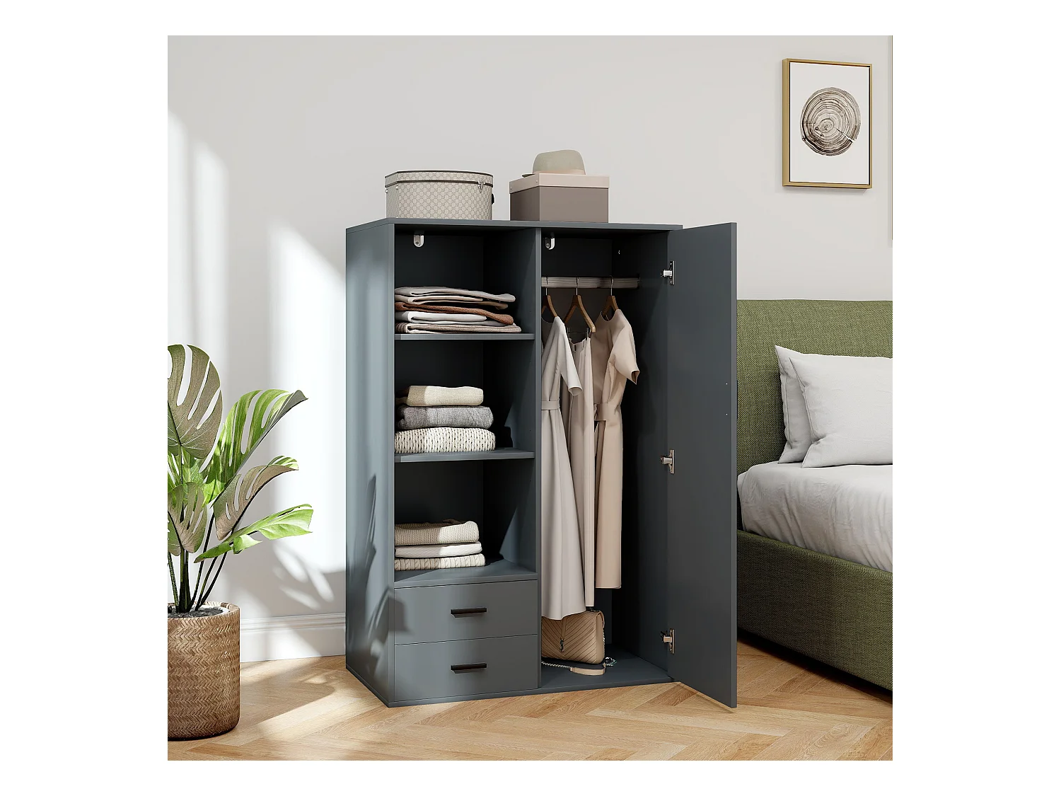 Armadio con 2 cassetti ripiani aperti e appendiabiti grigio scuro