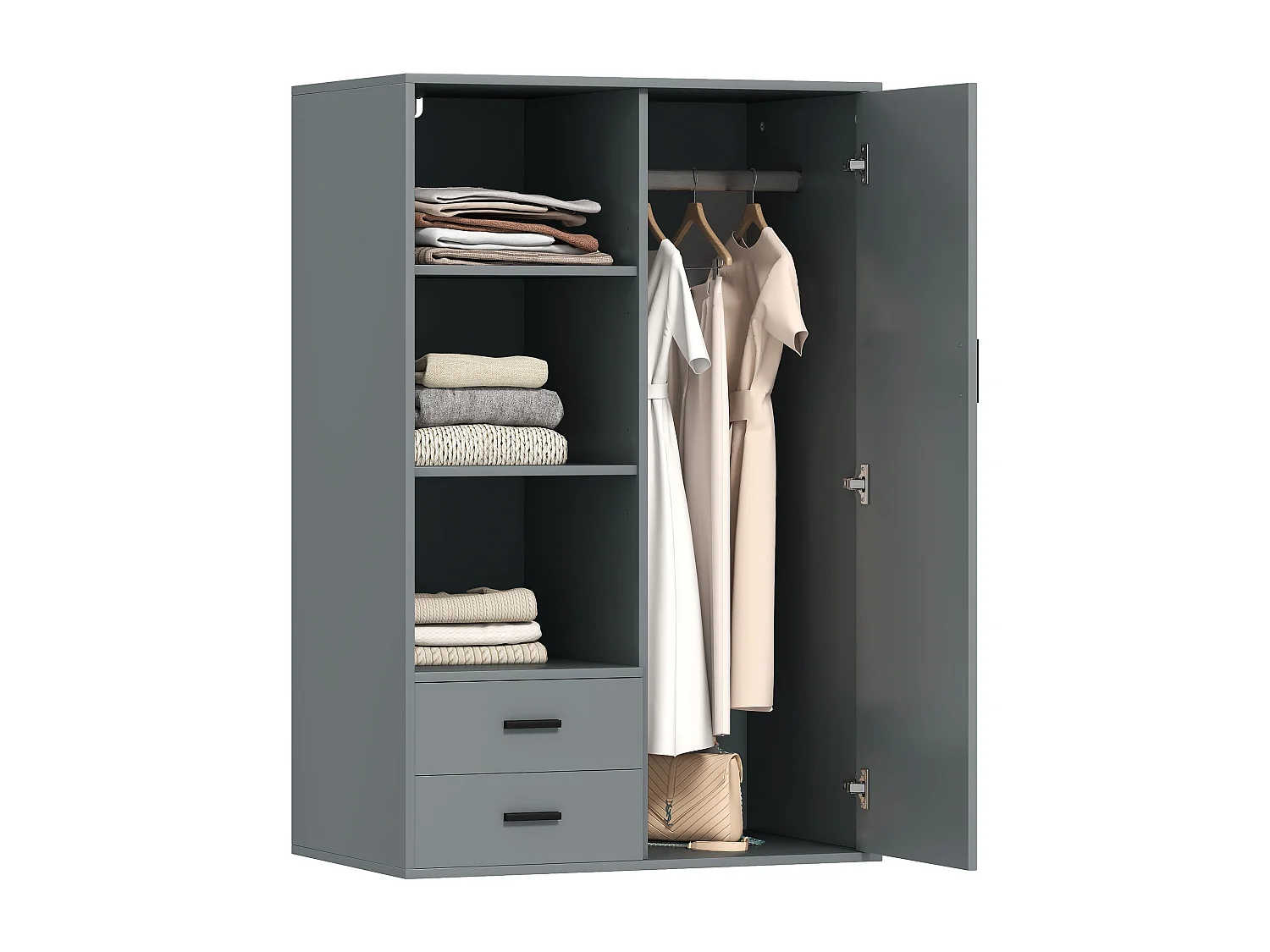 Armadio con 2 cassetti ripiani aperti e appendiabiti grigio scuro