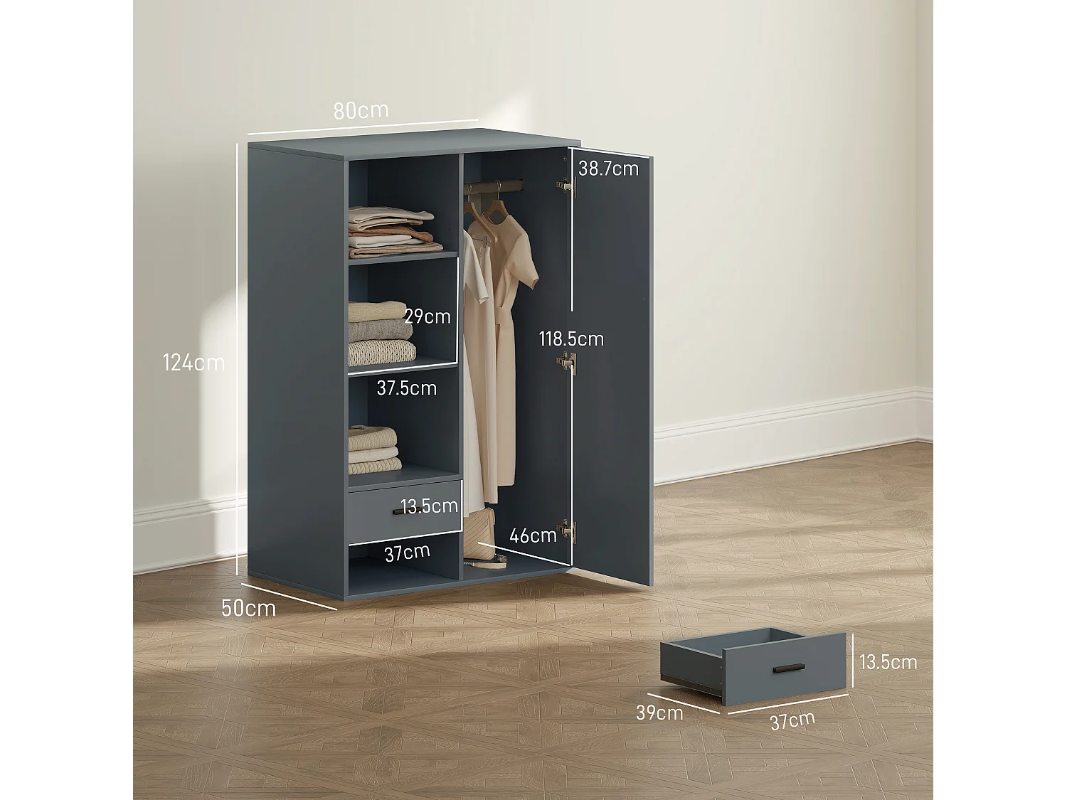 Armadio con 2 cassetti ripiani aperti e appendiabiti grigio scuro