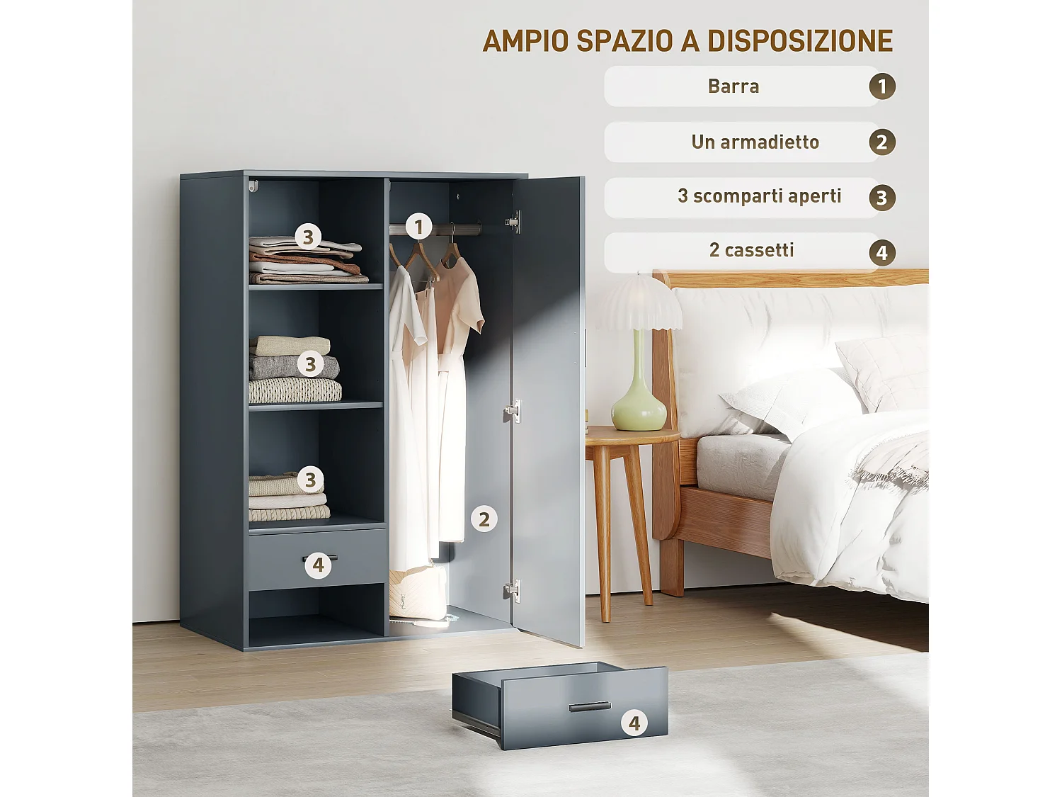 Armadio con 2 cassetti ripiani aperti e appendiabiti grigio scuro