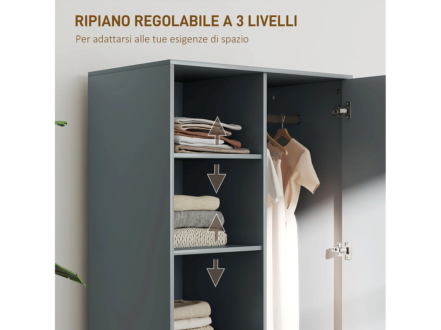 Armadio con 2 cassetti ripiani aperti e appendiabiti grigio scuro