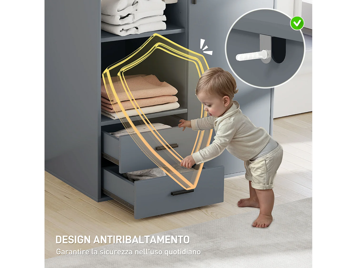 Armadio con 2 cassetti ripiani aperti e appendiabiti grigio scuro