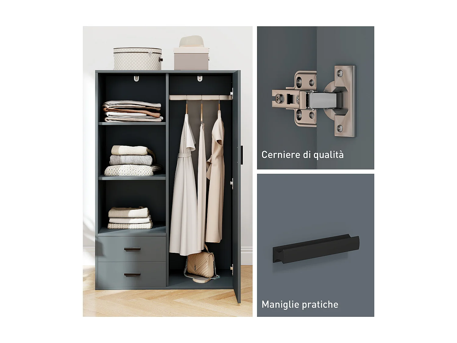 Armadio con 2 cassetti ripiani aperti e appendiabiti grigio scuro