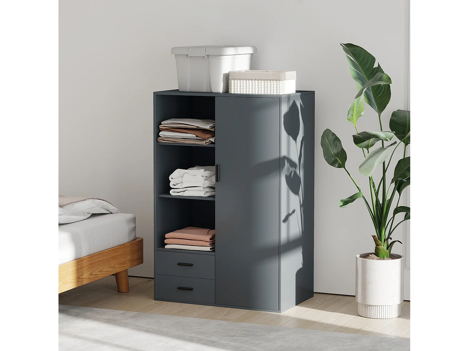 Armadio con 2 cassetti ripiani aperti e appendiabiti grigio scuro