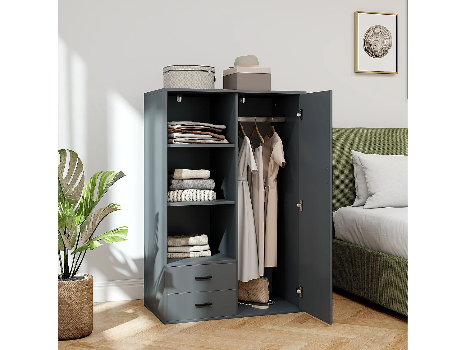 Armadio con 2 cassetti ripiani aperti e appendiabiti grigio scuro
